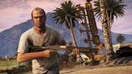 Trevor Philips holding a Pump Shotgun.