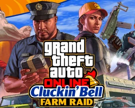 Officer Vincent Effenburger and the GTA Online Protagonist in the promotional artwork for The Cluckin' Bell Farm Raid.