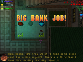Answering the phone, Claude Speed is asked by Trey Welsh to steal a G4 Bank Van from the Third World Bank to get access to the bank and steal some clean money to pay a cop.