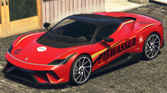 A Furia with a Pisswasser livery in Grand Theft Auto Online. (Rear quarter view).