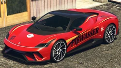 A Furia with the Pißwasser livery in Grand Theft Auto Online. (Rear quarter view)