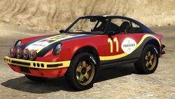 A Comet Safari with the Pißwasser livery in Grand Theft Auto Online. (Rear quarter view)