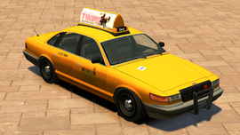A Taxi with a Conjoined Twins rooftop advertisement in GTA IV. (Rear quarter view)
