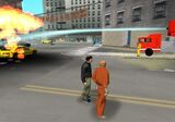 Early pre-release screenshot of an FDLC fire truck extinguishing a fire. Note the yellow firefighting uniform.