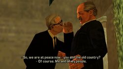 Declaring "peace" between the Sicilian Mafia and Leone Crime Family.