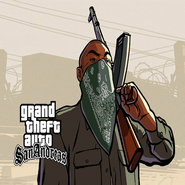 A Grove Street Families member holding an AK-47.