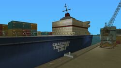 Chartered Libertine Lines ship docked at Viceport in GTA Vice City.