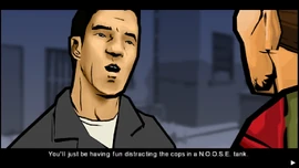 Xin asks Huang to distract the cops using a N.O.O.S.E. tank while he does the job.