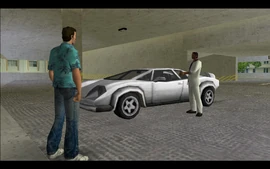As Tommy picks up the rifle, a familiar white Infernus rides into the carpark.
