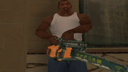 Carl Johnson holding a Chainsaw in Grand Theft Auto: San Andreas.