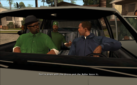 Sweet tells CJ that after his role in the drive-by, the Ballas will now most likely try to come after him whenever they see him in their territory and tells him to watch out.