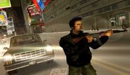 Claude firing the Assault Rifle in Grand Theft Auto III.