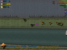LaBrat orders Claude to find and destroy four turbines and watch out for the Zaibatsu guarding the dam.