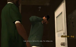 As Ryder, Sweet and Smoke are walking out of Sweet's house, Ryder is trying to convince Sweet that he can drive just as well as CJ.