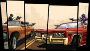 Artwork of Big Smoke (in his beta clothing), Ryder and Sweet doing a drive by shooting against the Ballas.