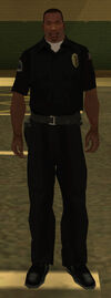 Carl Johnson wearing the cop outfit in Grand Theft Auto: San Andreas.