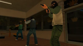 Three gangsters robbing King Knuts during the mission.