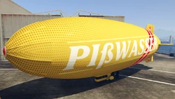 A Blimp with the Pißwasser livery in Grand Theft Auto Online. (Rear quarter view)