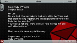 GraveSituation-GTACW-SS0.jpg (174 KB) Rudy D'Avanzo sends an e-mail to Huang telling him that he might know a possible Fed rat. D'Avanzo tells Huang to meet him at Dukes Cemetery.