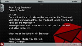 Rudy D'Avanzo sends an e-mail to Huang telling him that he might know a possible Fed rat. D'Avanzo tells Huang to meet him at Dukes Cemetery.