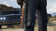 Screenshot of the Marksman Pistol, with a Chino in the background.