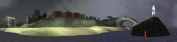 Panorama of Portland Beach in Grand Theft Auto III. Portland Rock is visible to the right.