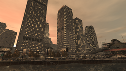 Skyline of Fishmarket South. The South Parkway Building (actually located in The Exchange), Borlock Road-Barium Street Building, Borlock Road Building and Privateer Road Building are lined up from left to right.