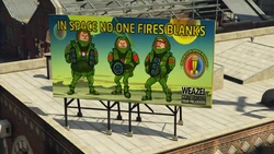 Republican Space Rangers billboard advertisement atop the factory. Replaced by an advert for Jack Howitzer in Grand Theft Auto Online.