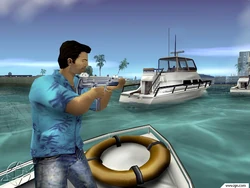 Promotional screenshot of Grand Theft Auto: Vice City featuring the Uzi 9mm'