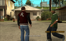 As CJ is taking a stroll around Grove Street, he meets Sweet, who excitedly greets him.