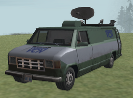 The VCN Newsvan in the Xbox version of Grand Theft Auto: San Andreas. (Rear quarter view).