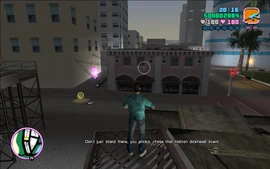 Tommy, Lance, Diaz and Diaz's bodyguards all try to shoot the rider down, but all of them fail. They do, however, hit the second rider, sending him off his bike.