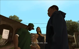 Upon arriving, CJ, Sweet and Sweet's girl get out of the car and walk to Sweet's house.