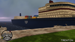 Chartered Libertine Lines ship docked at Atlantic Quays in GTA Liberty City Stories.