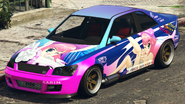 A Sultan RS with a Princess Robot Bubblegum livery in Grand Theft Auto Online. (Rear quarter view)