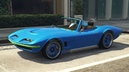 An NPC-modified Coquette Classic in enhanced version of GTA V. (rear quarter view)