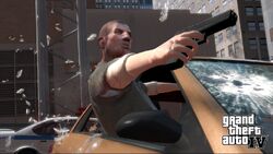 A pre-release screenshot featuring Packie drive-by shooting at the LCPD.