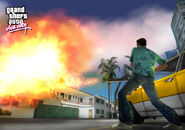 Tommy Vercetti using a Flamethrower in Grand Theft Auto: Vice City.