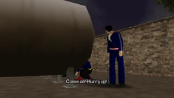 The scene cuts to a group of Triads setting up dynamite behind the gas tank.