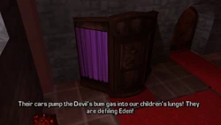 Father Ned tells Toni that the motorists of Liberty City pollute the air with 'the Devil's bum gas'.