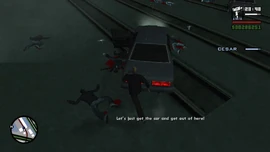 After taking out the guards, Cesar tells CJ they must steal the car and leave.