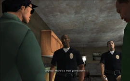 Tenpenny informs CJ and Ryder of a train that will shortly go through Los Santos.