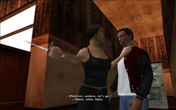 Cesar's cousin angrily tells Carl that she doesn't care and slowly backs out the door with him, while Carl is surprised at this woman's savageness.