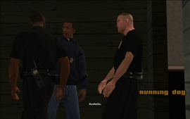 CJ insults Tenpenny as he walks down the porch with Pulaski.