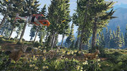 An orange Maverick hovering over a pack of Deer in the PC version of GTA V.