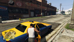 Franklin arriving at a destination in a Taxi; no charge as he has purchased Downtown Cab Co.
