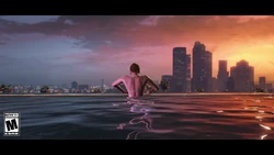 The GTA Online Protagonist emerging from the rooftop pool at 