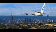 FlyUS jet flying over the Vinewood Sign towards Los Santos.