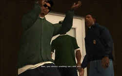 Ryder says that CJ is always crashing cars whenever he's behind the wheel.