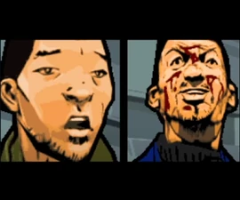 Zhou's face covered with Uri's blood. (Nintendo DS version)